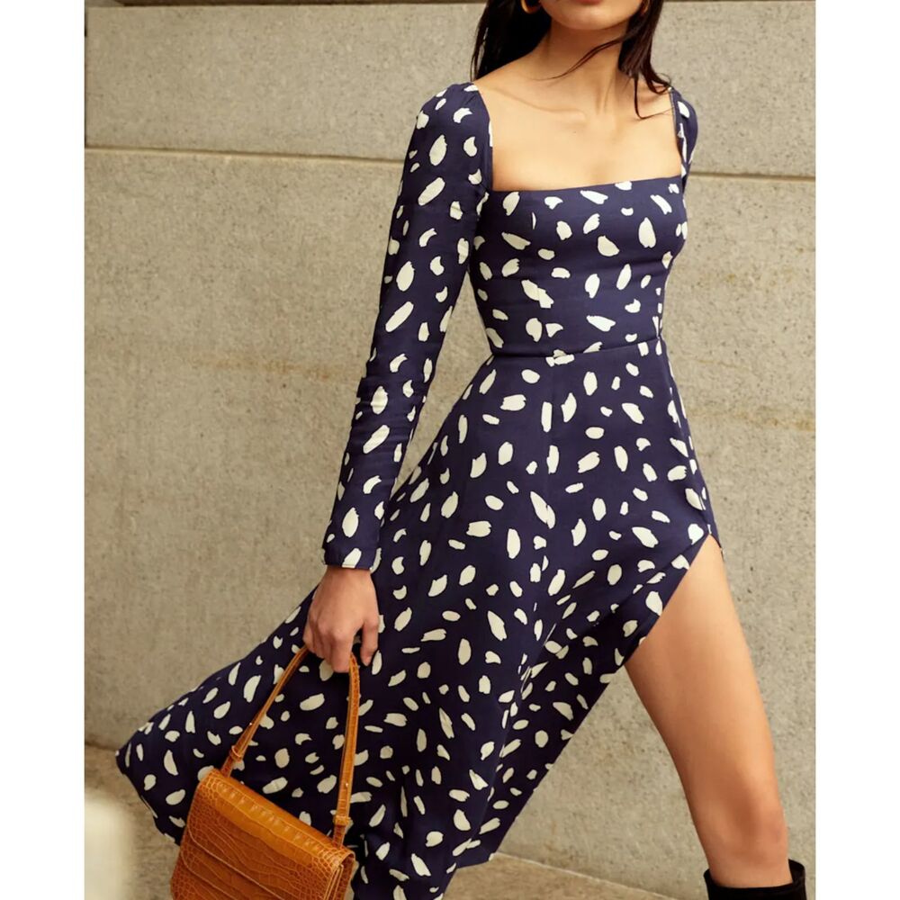Reformation Sigmund Navy Midi Dress with White Splatter Print